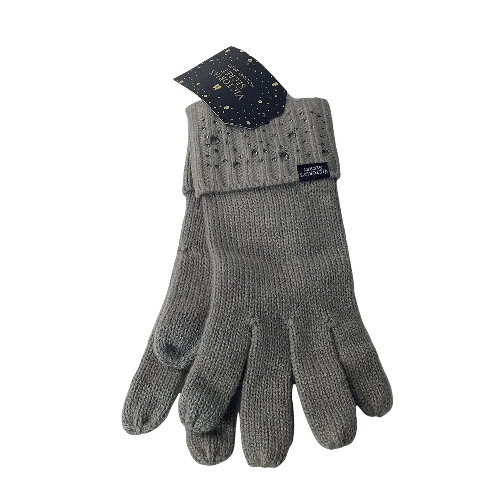 Victoria's Secret Gloves‎ Mittens Gray Bling Gem Sparkle Knit Glam Winter NWT